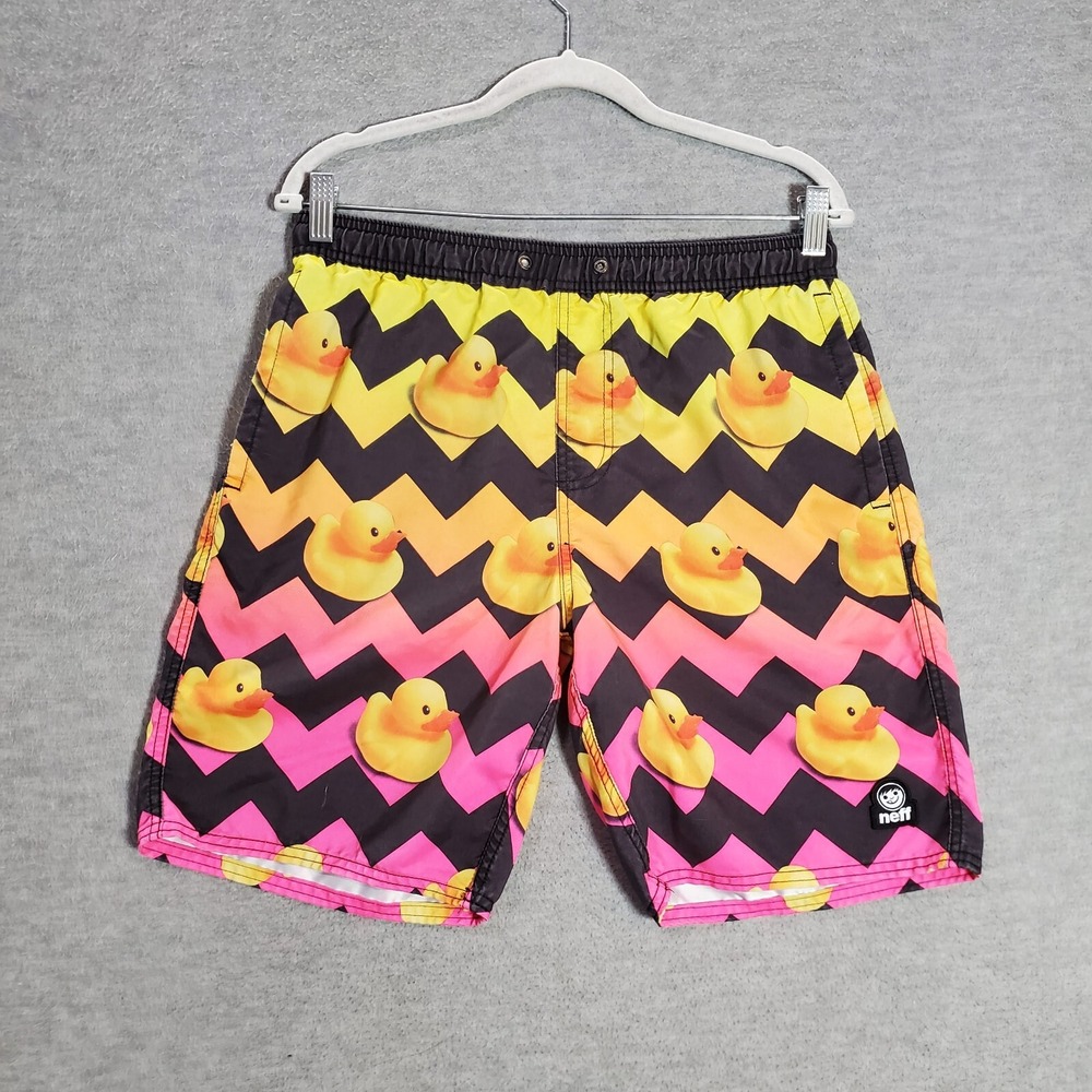 Neff Men Swimwear Medium Orange Ombre Board Shorts Ducks Mid Rise Pocket READ